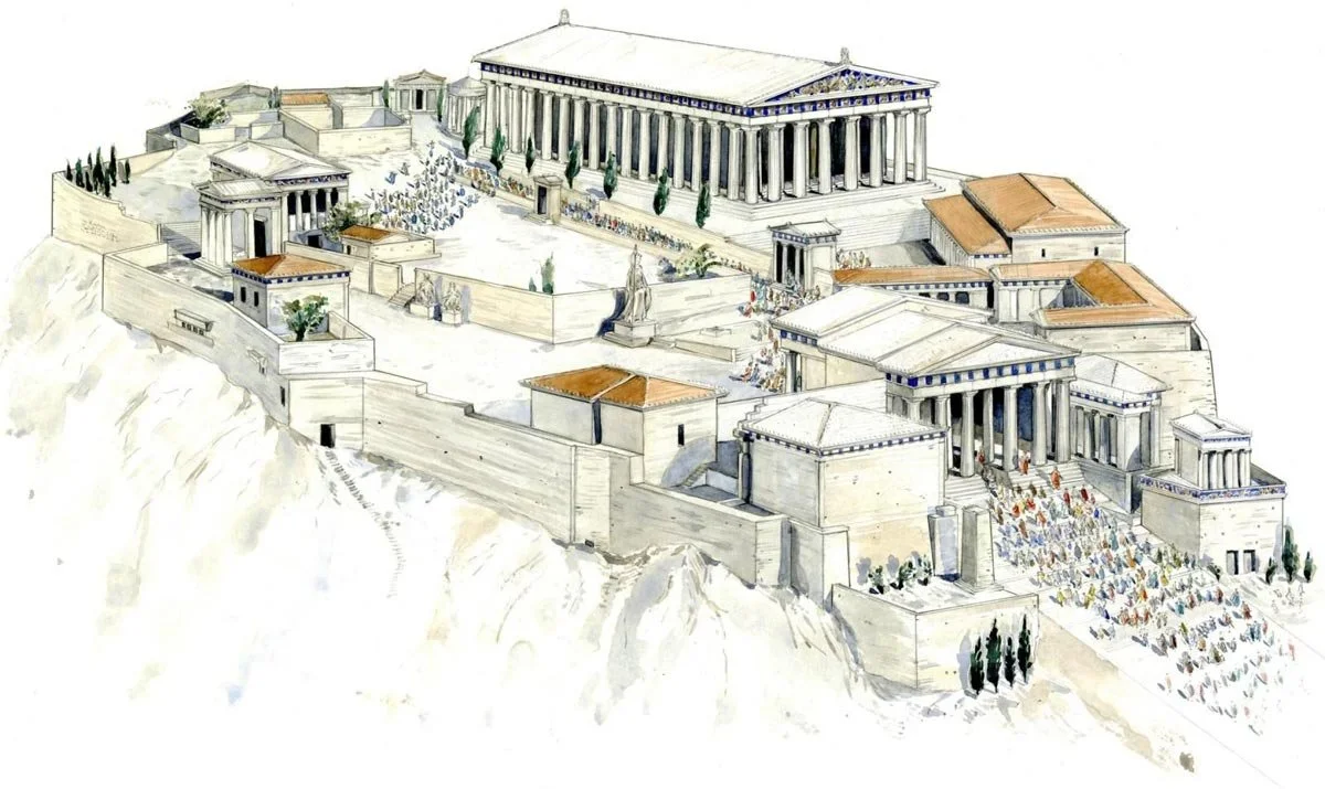 Illustrated reconstruction of the Acropolis showing the Parthenon and surrounding buildings with crowds.