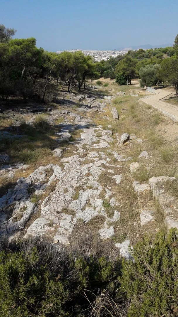 Rocky path cut into the bedrock among trees on a hill near Athens, looking out toward the distant modern city on the horizon.