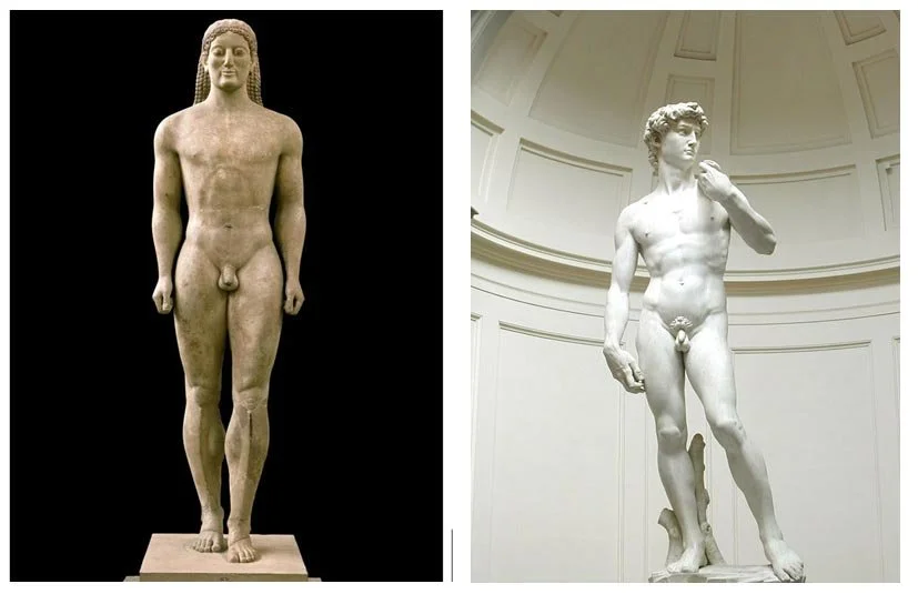 Side-by-side comparison showing a rigid Archaic figure and Michelangelo’s David in a relaxed contrapposto stance.
