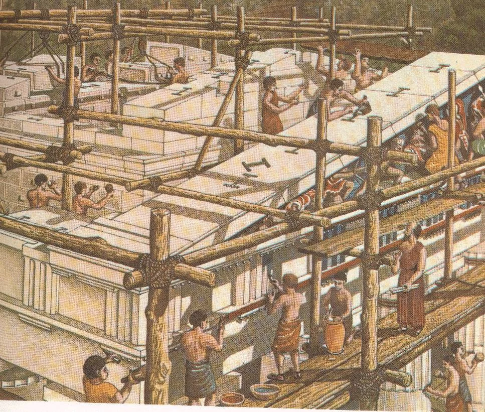 Illustration of workers building a Greek temple with scaffolding and large stone blocks.