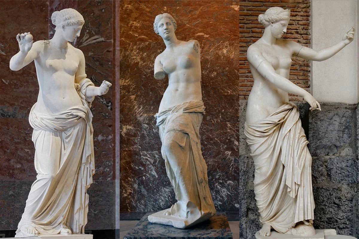 Three images comparing nude Aphrodite/Venus-type statues with drapery and missing arms.