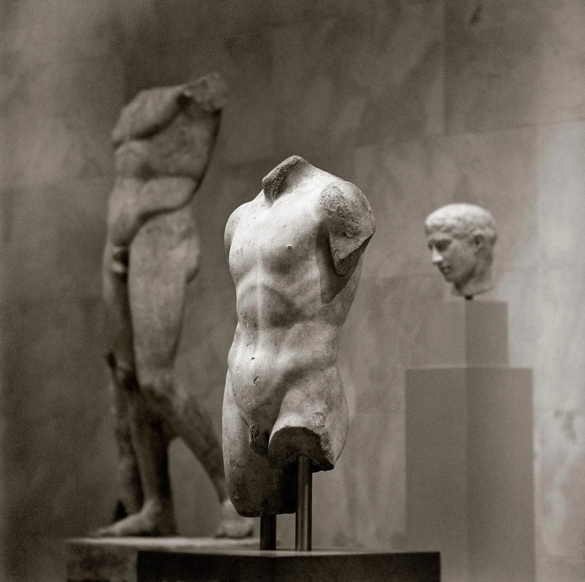 Marble torso fragment displayed on supports, focusing on the chest, abdomen, and hip line. Sideview.