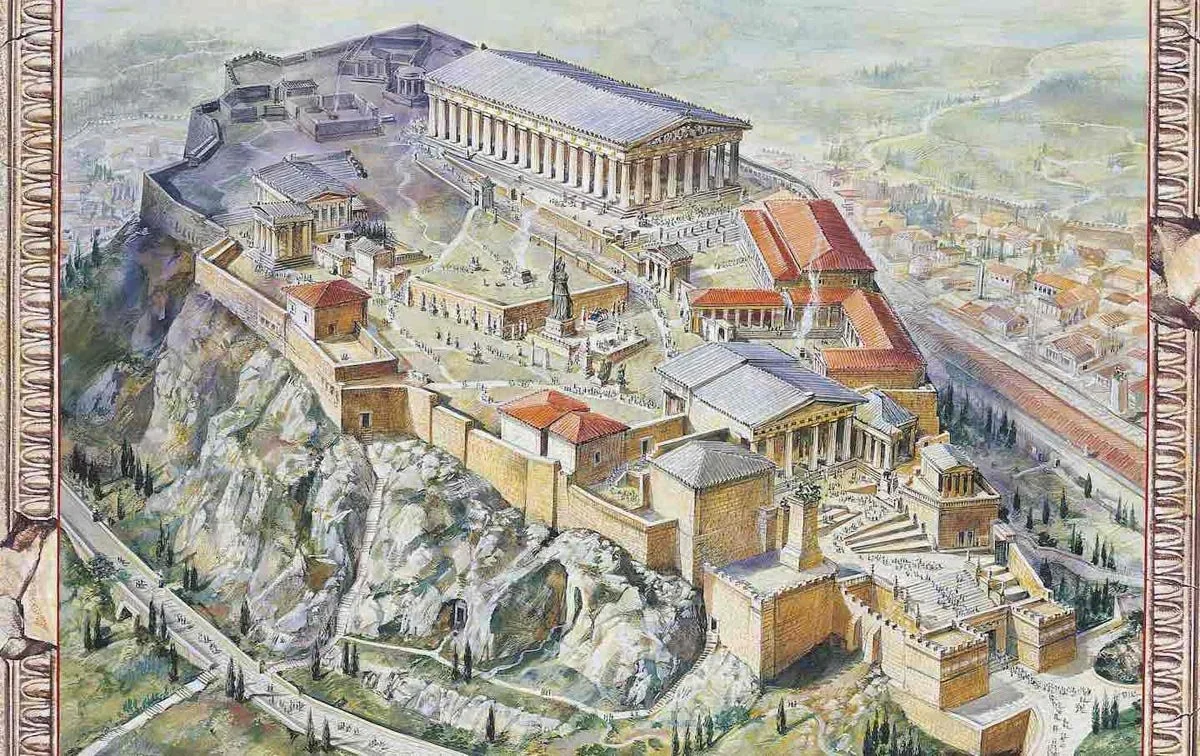 Early twentieth-century watercolor reconstruction of the Acropolis, crowded with temples, statues and processional paths.