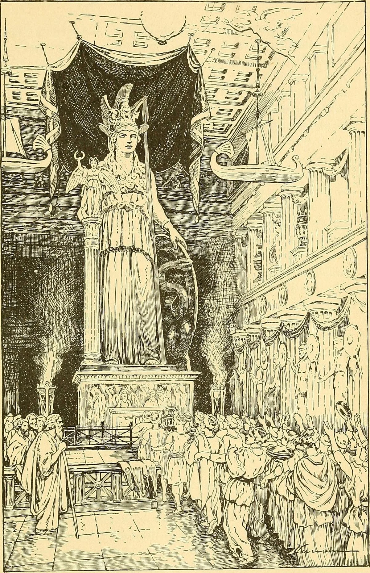 Historical engraving of Athena Parthenos standing inside the Parthenon with worshippers below.