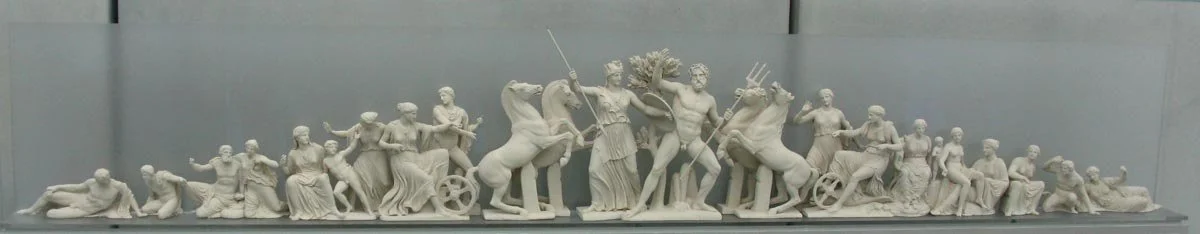 Reconstruction model of the west pediment with Athena and Poseidon at the center.