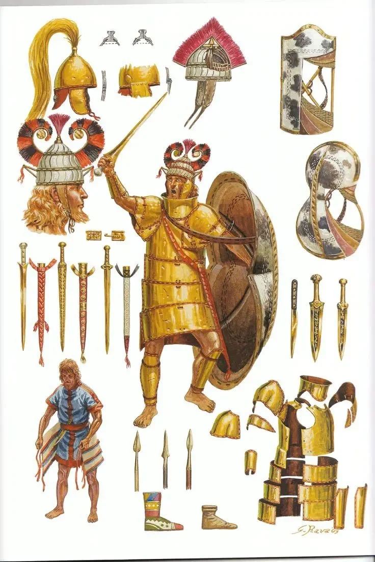 Illustration of a Mycenaean warrior in full bronze armour surrounded by helmets, swords, and equipment.