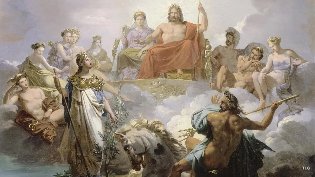 Painting of the Olympian gods on clouds around Zeus and Hera, with Athena, Poseidon and other deities animated in conversation.