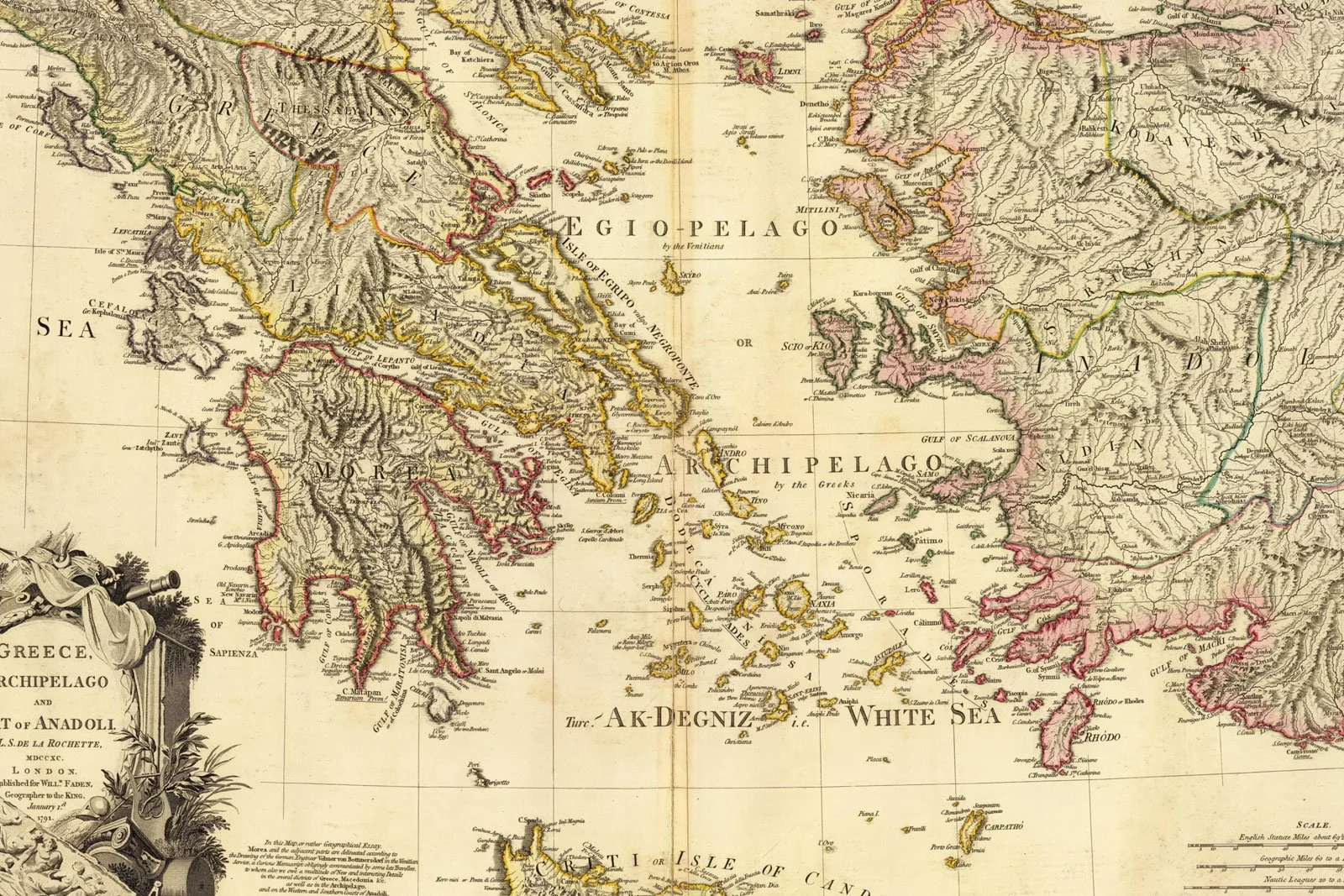 Antique engraved map showing Greece, the Aegean islands and part of Anatolia with decorative cartouche.