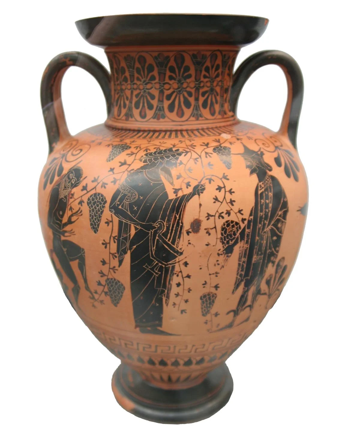 Attic black-figure amphora showing Dionysos with satyrs among vine branches, painted in black silhouette on warm terracotta.