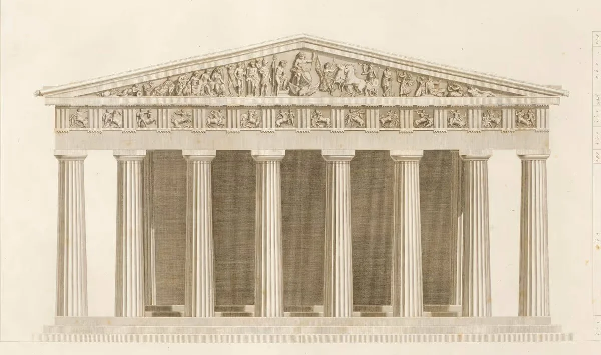 Frontal architectural reconstruction of the Parthenon’s façade.
