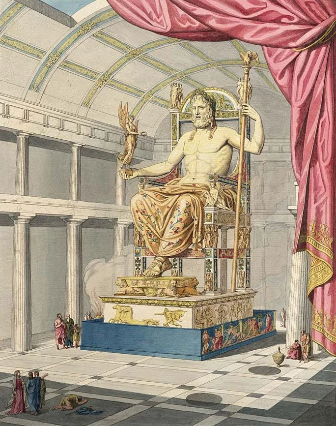 Historical reconstruction of the Statue of Zeus at Olympia seated inside the temple interior.