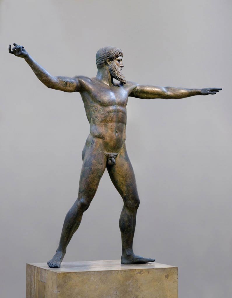Bronze Zeus/Poseidon figure with arms spread wide, posed mid-throw.