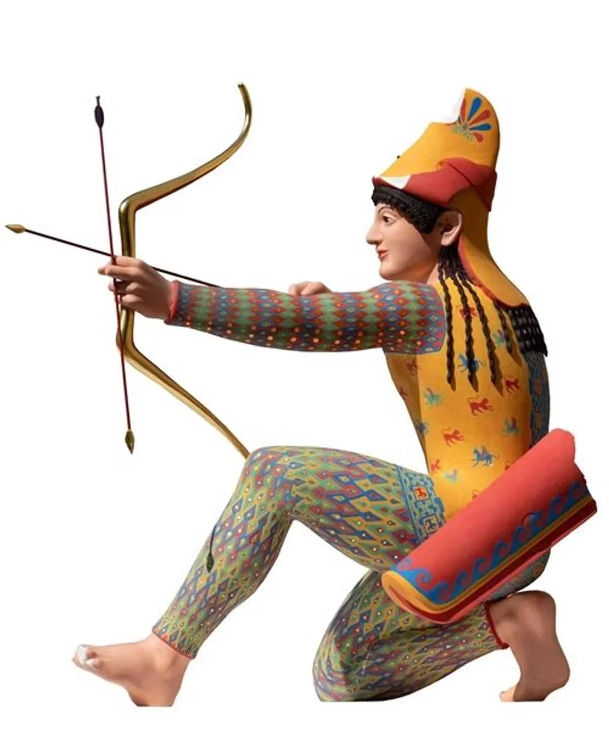 Polychrome reconstruction of an ancient Greek archer statue in a kneeling pose.
