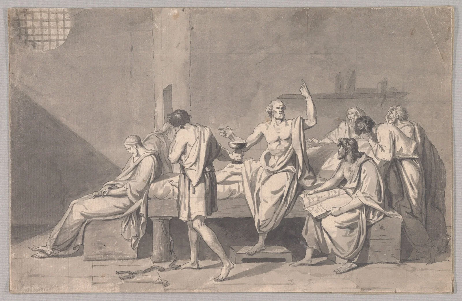 Classical black and white drawing of Socrates with philosophers and disciples in an ancient historical scene.