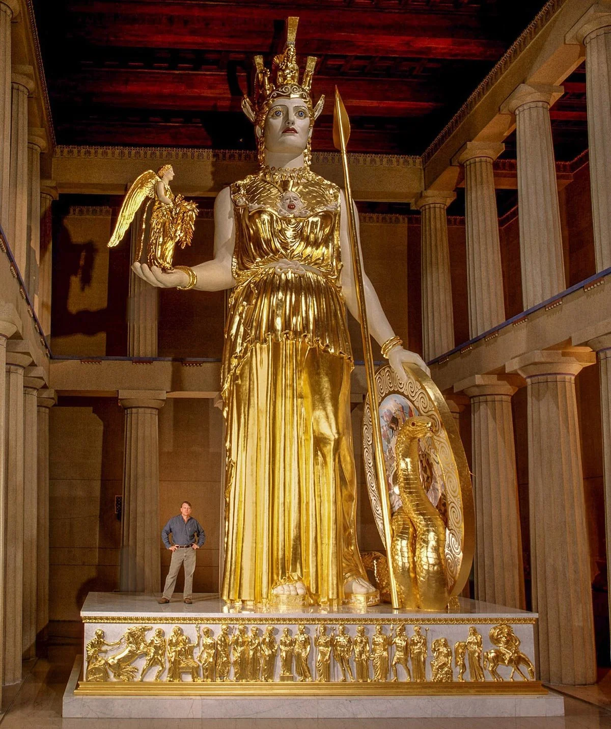 Full reconstruction of Athena Parthenos holding Nike, spear, and shield.