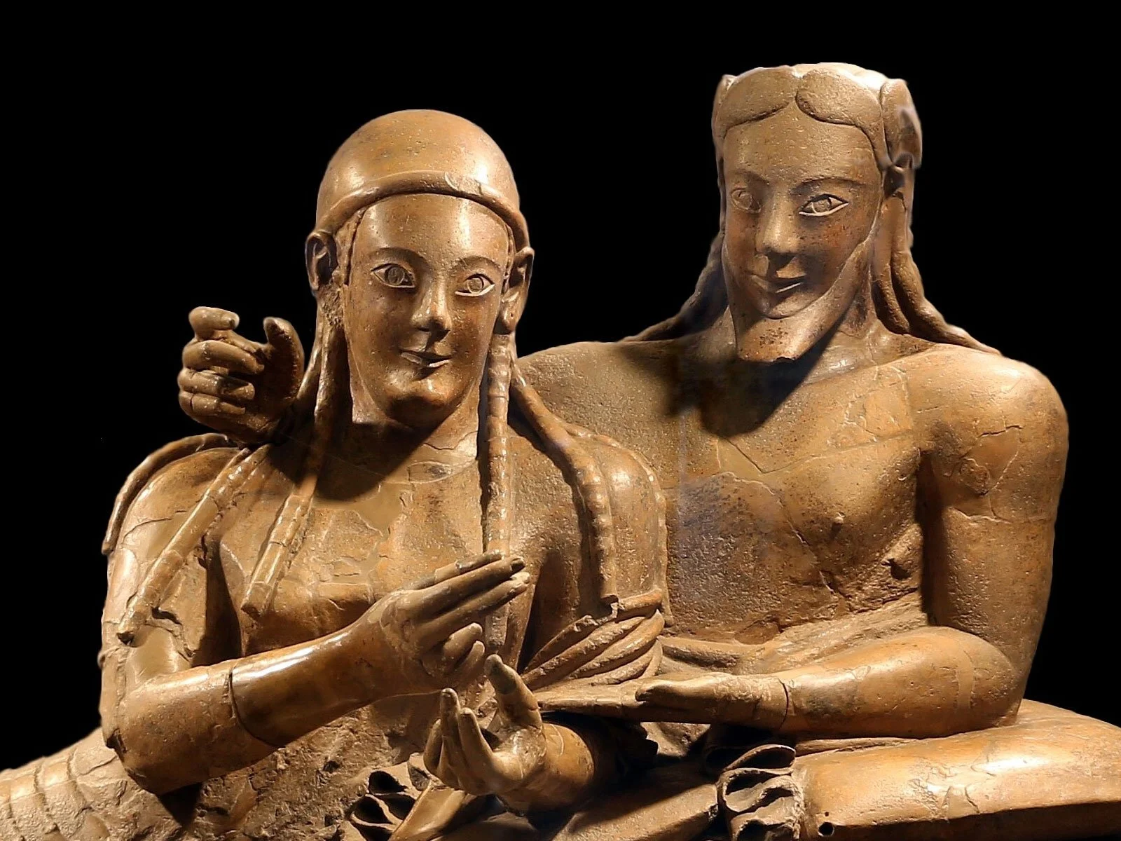 Detail of the Etruscan Sarcophagus of the Spouses showing the couple’s faces and gestures.