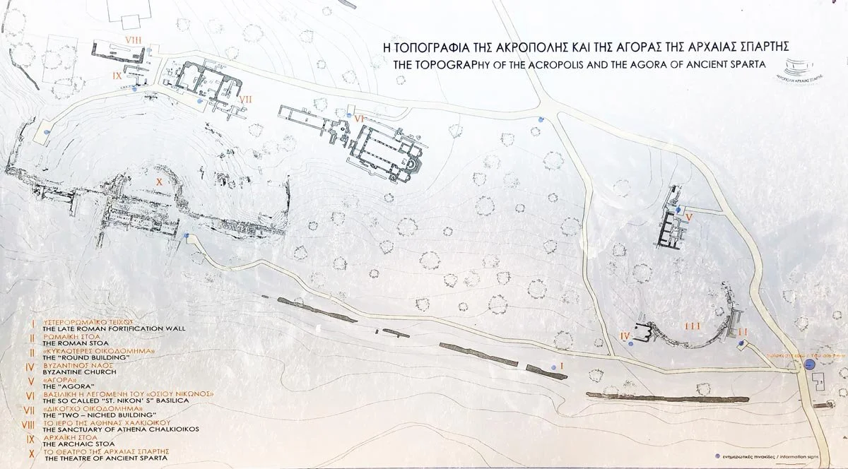 On-site topographic map of the acropolis and agora of ancient Sparta, with temples, stoas and the theatre marked over contour lines.
