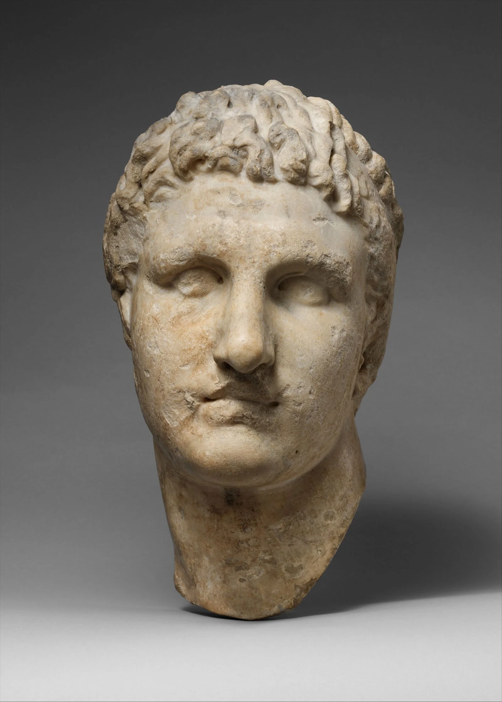 Marble portrait head of a youthful male figure against a gray background.