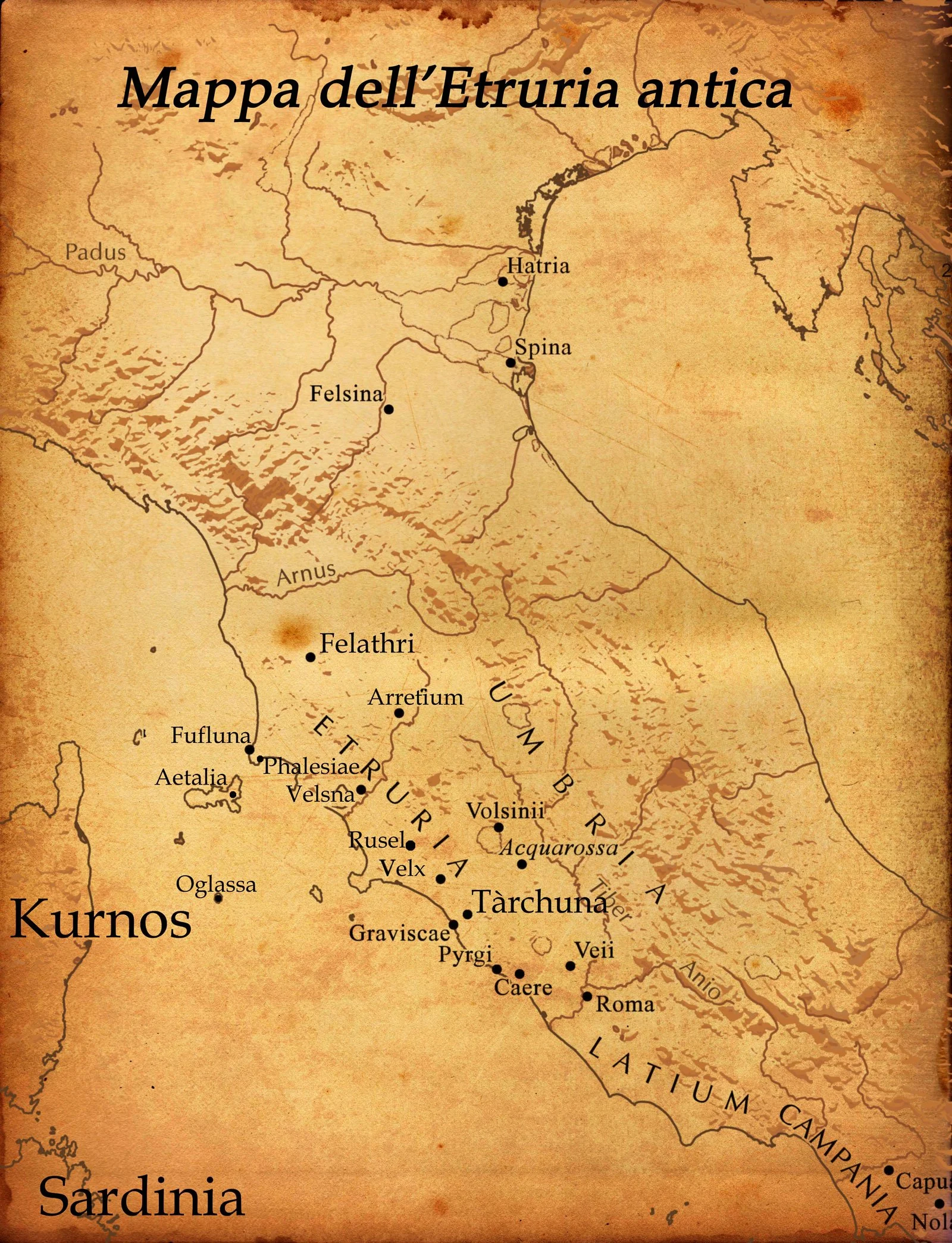 Sepia map of ancient Etruria showing major Etruscan cities in central Italy.