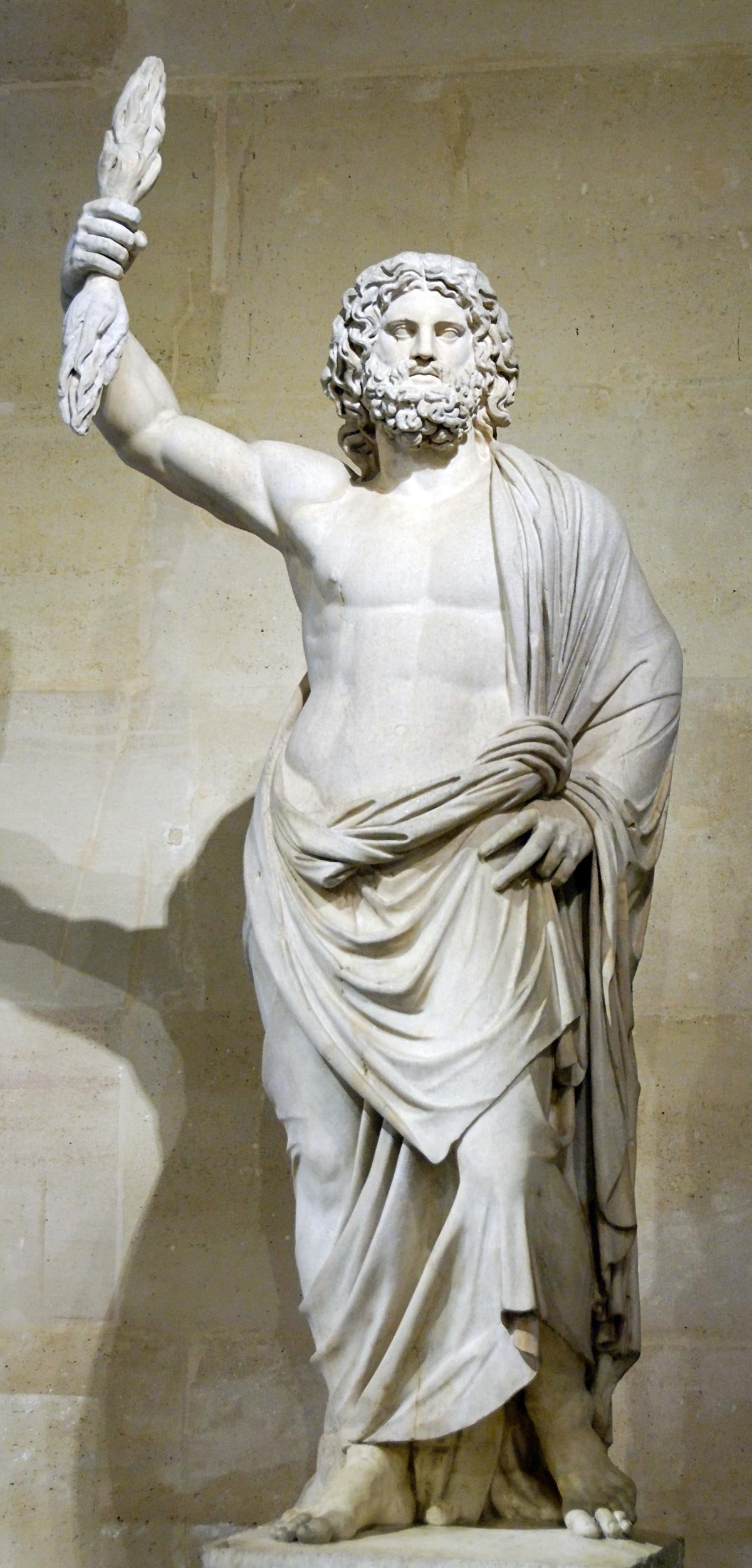 Marble statue of Zeus holding a raised thunderbolt and wrapped in drapery.