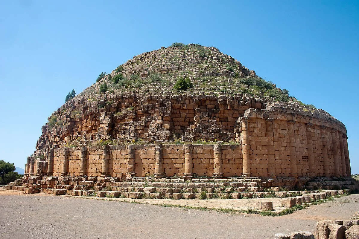 Royal Mausoleum of Mauretania, circular stone tomb with engaged columns near Tipaza, Algeria.