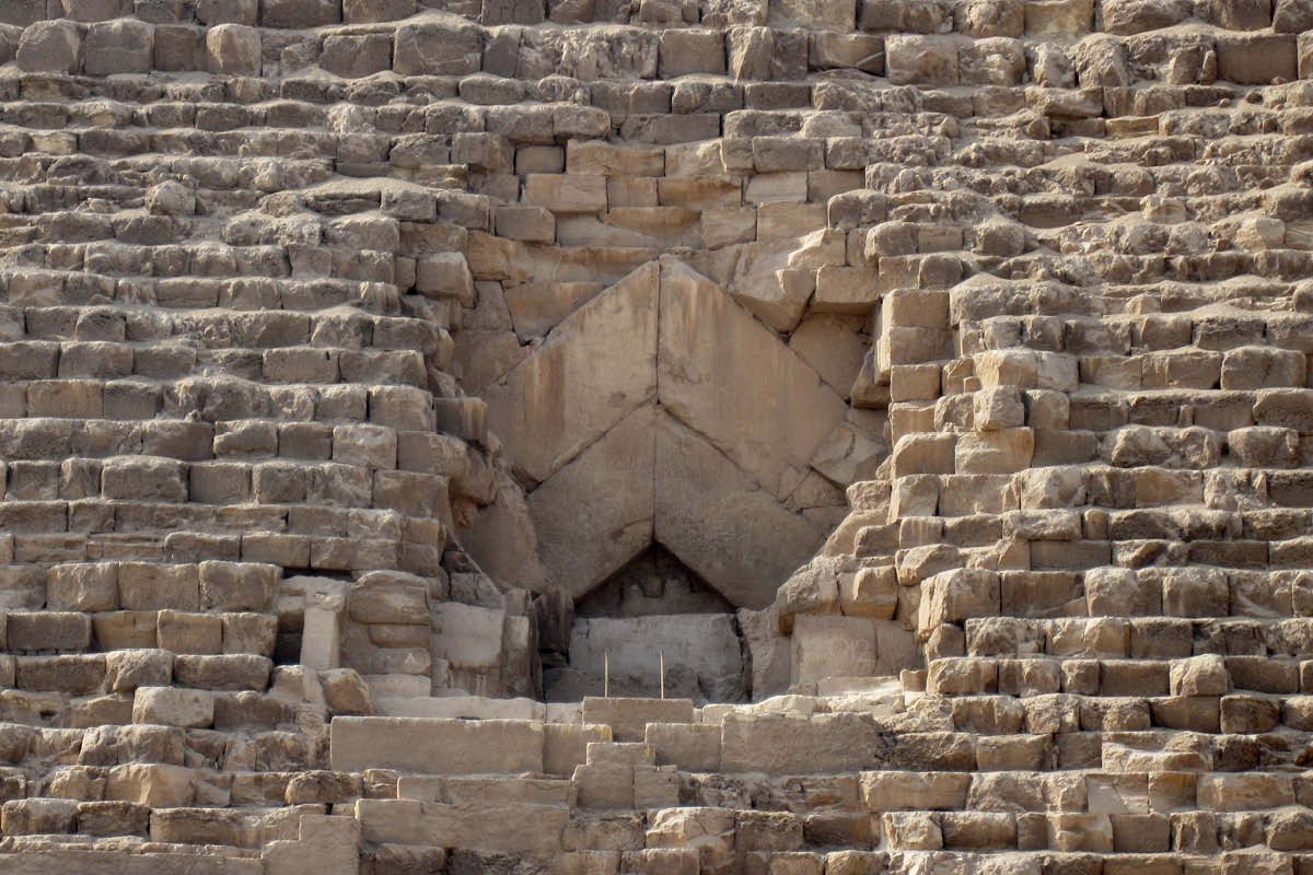 Close view of the Great Pyramid’s north face showing the chevron over the original entrance.