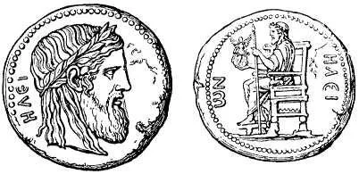 Enthroned statue of Zeus holding a Nike figure and scepter beside an eagle.