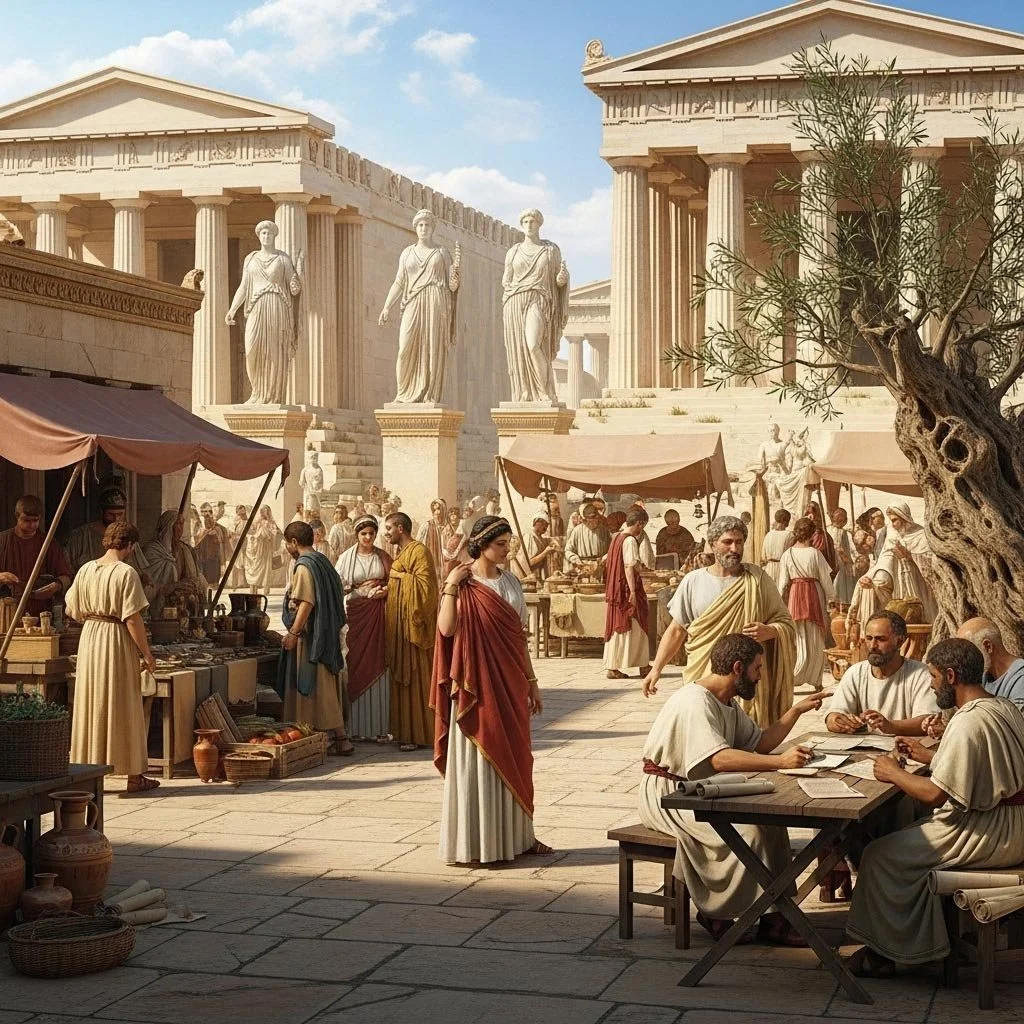 AI reconstruction of a busy Athenian agora, with marble temples, market stalls, and citizens debating among colonnades.