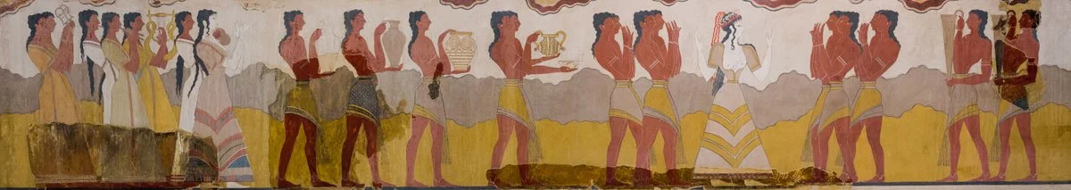 Minoan procession fresco from Knossos with male figures carrying vessels and offerings in a long horizontal frieze.