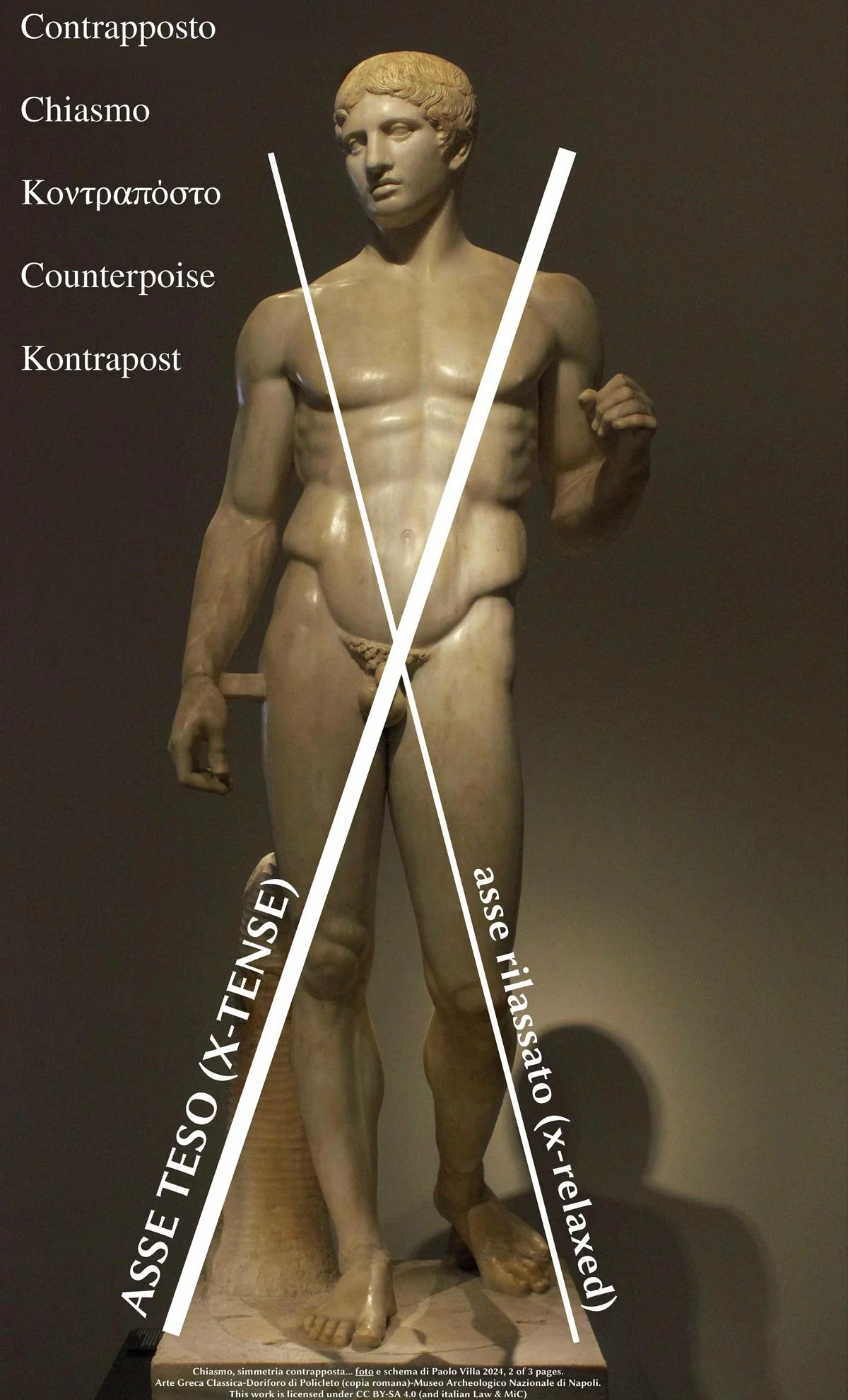 Diagram over a statue highlighting contrapposto and an X-shaped balance (chiasmus) across the body.