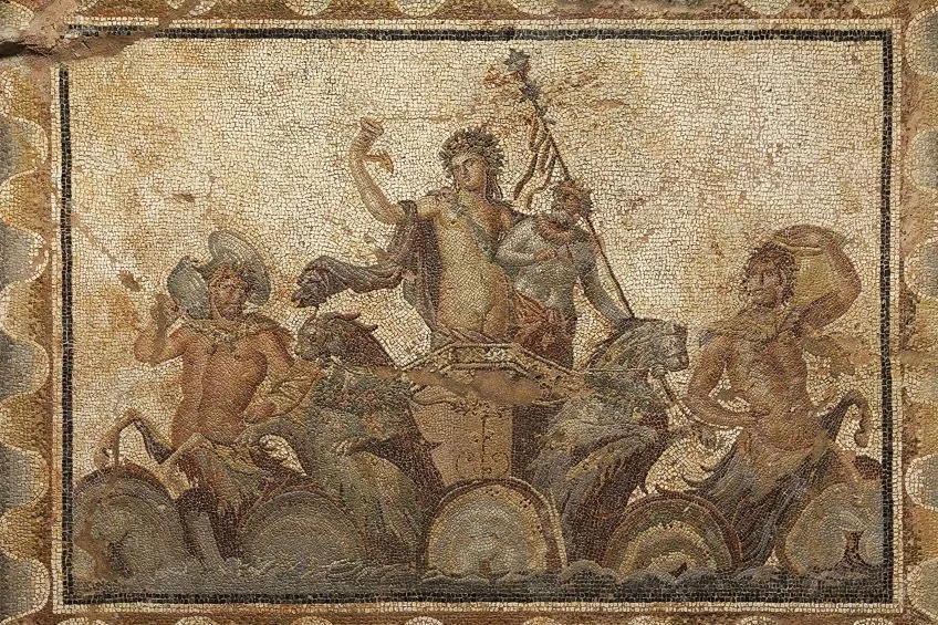 Roman mosaic showing Neptune in a chariot drawn by sea creatures, flanked by muscular marine figures with shields.