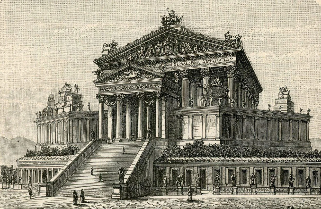 Reconstruction drawing of the Temple of Jupiter Optimus Maximus with a broad staircase and deep porch.