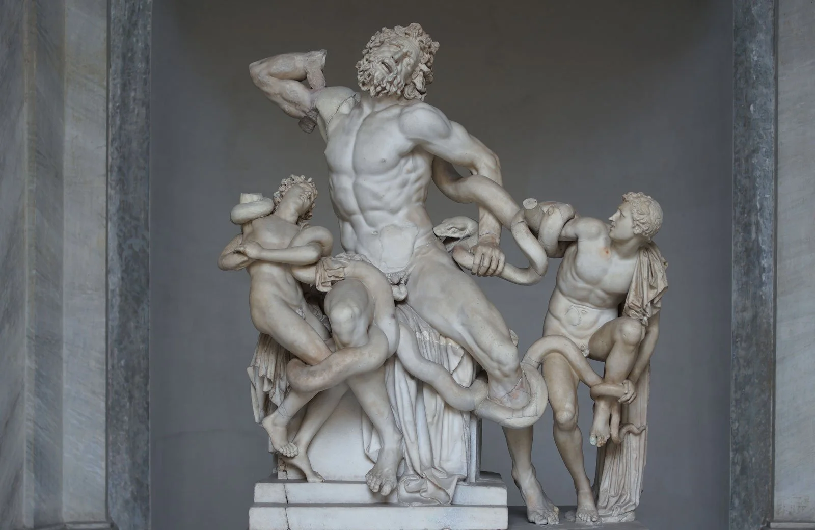 Marble group of Laocoön and his sons struggling against serpents.