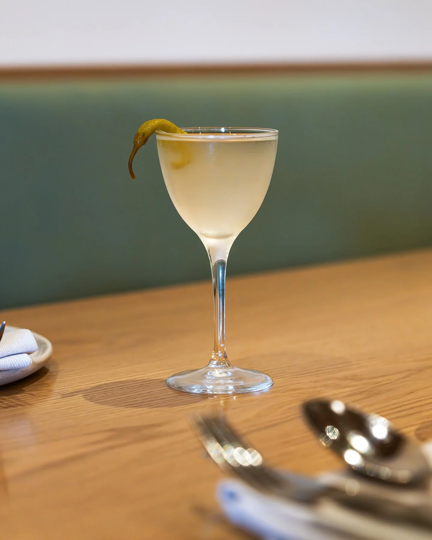 One of our new cocktails, the Garden Martini. Gin, vodka, lemon, horseradish, tomato essence, piparra. Savory and sharp&mdash;not your average martini.