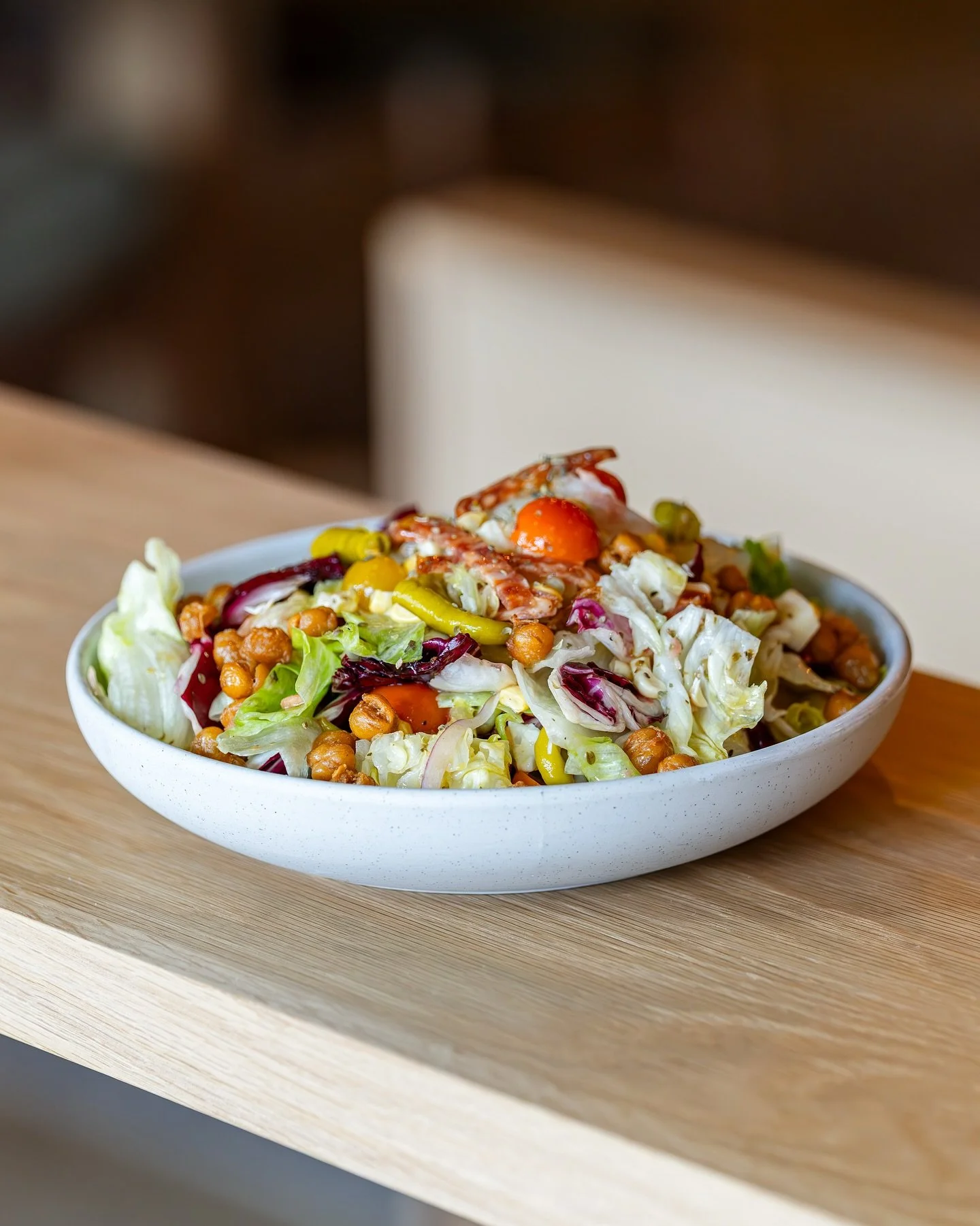 Kitchen Sink Chopped Salad&mdash;radicchio, chickpeas, Creminelli salami, provolone. Great as a meal or for the table.