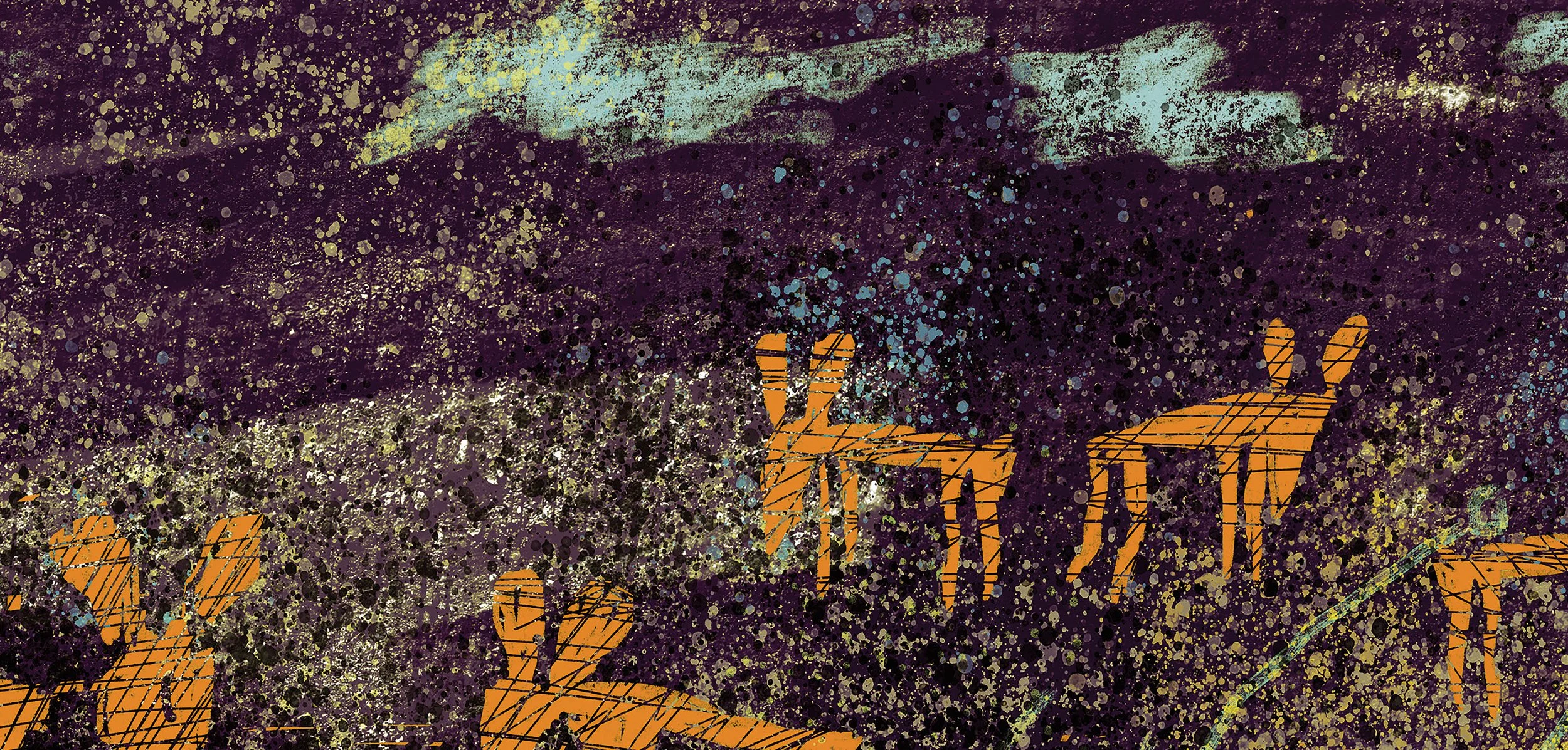 African Raindog original mixed media painting by Sumi Gous. Inspired by wild dogs in the Okavango Delta. Large-scale South African contemporary wildlife art