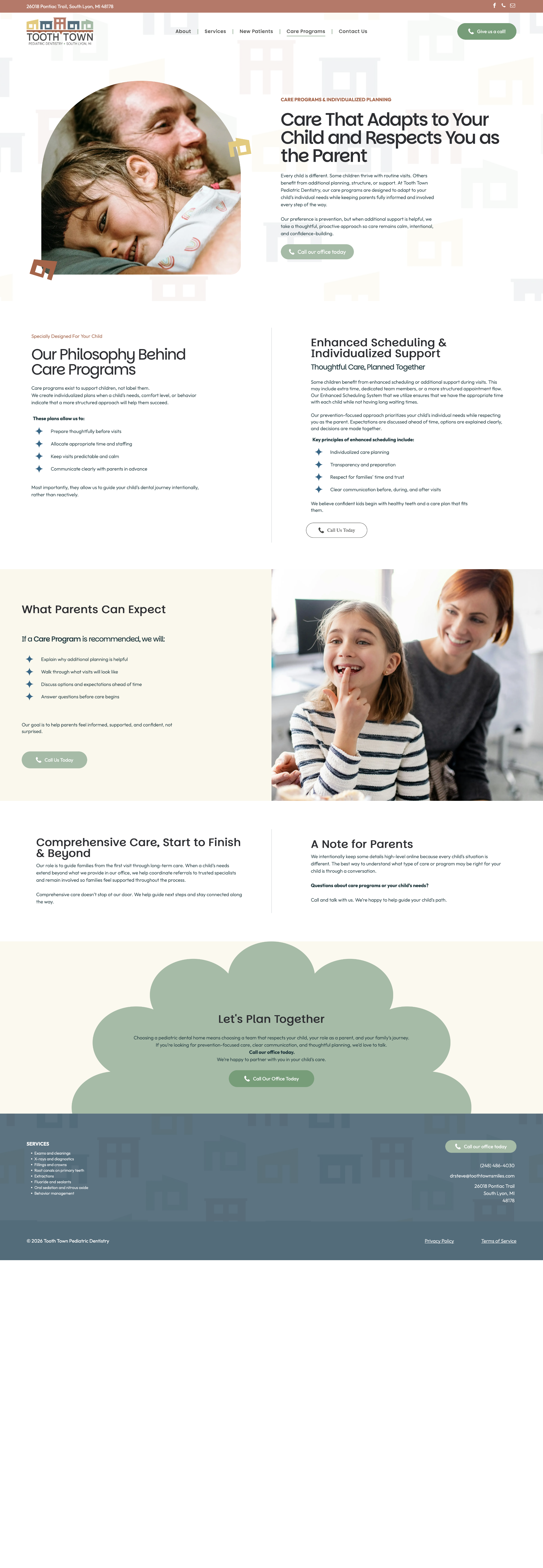 Website homepage for Tooth Town Pediatric Dentistry featuring a large hero image of a father hugging his child and smiling. The webpage offers information about pediatric dental care, care programs, scheduling, and contact details.