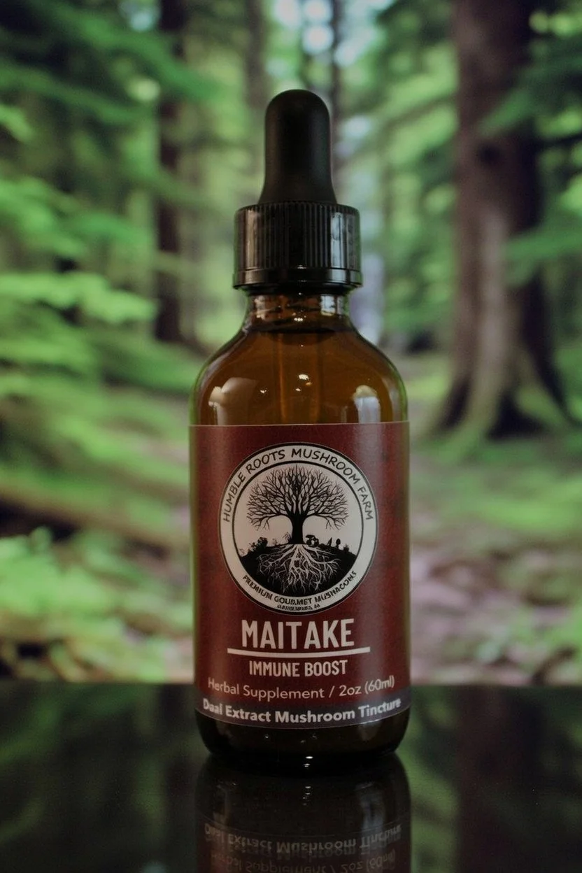 A small amber glass bottle with a black dropper cap, labeled 'Maitake Immune Boost' herbal supplement, in front of a forest background.
