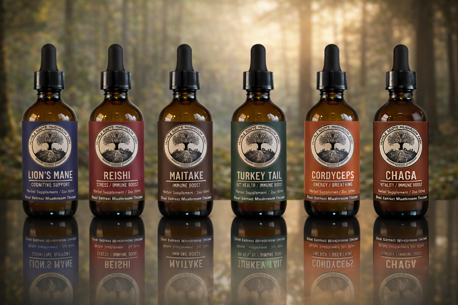 Six 2oz. bottles of dual extract mushroom tincture with black dropper caps, labeled with different benefits, arranged in a row on a reflective surface with a forest background.