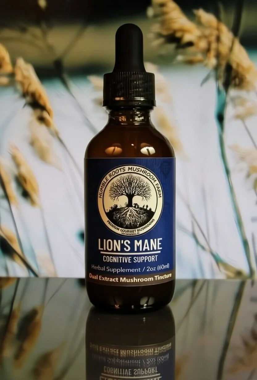 A brown bottle with a dropper cap labeled "Lion's Mane" herbal supplement for cognitive support, branded by Humble Roots Mushroom Farm, with a background of wheat stalks and a reflection on a shiny surface.