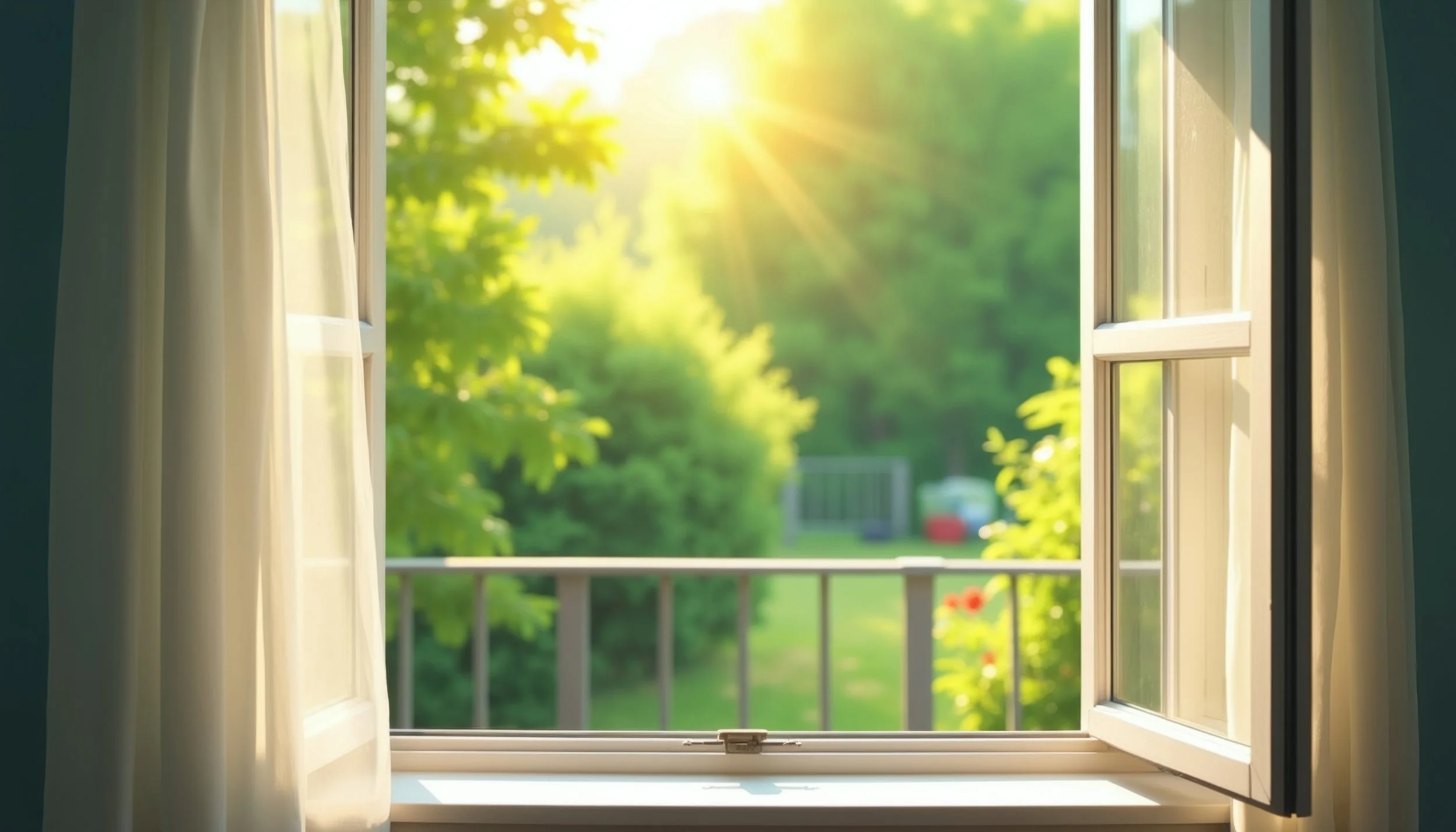 Open window with white curtains, looking out to a green garden with trees and a small fenced yard, illuminated by sunlight.