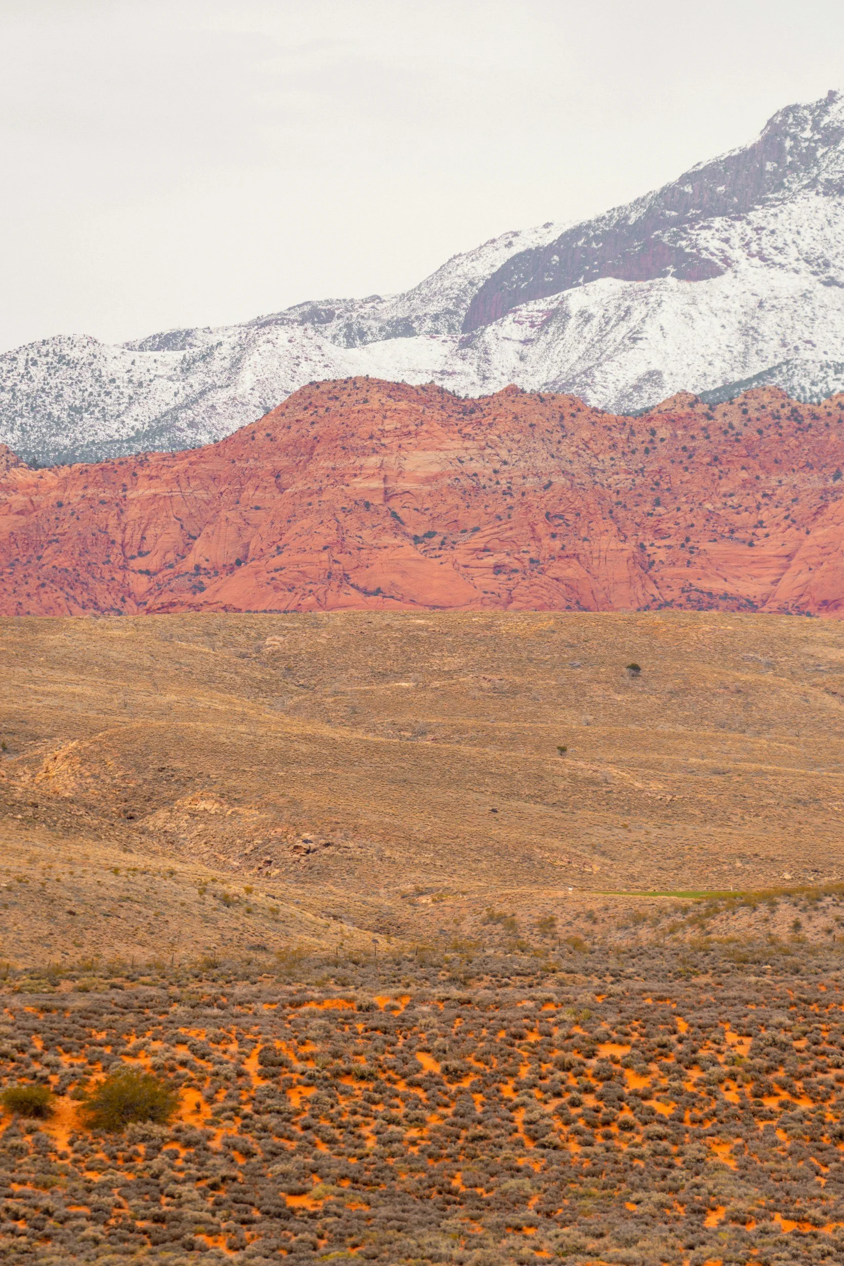 A desert landscape with orange and brown rolling hills in the foreground, red rock formations in the middle, and snow-capped mountains in the background.