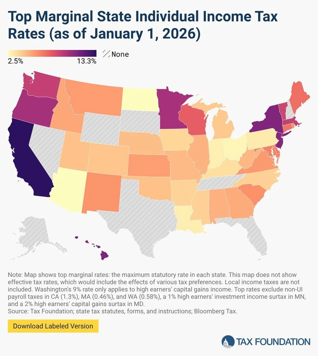As tax day nears, there is a wide divide between state income tax rates. California&rsquo;s marginal income tax rate leads the nation at 13.3%, followed by Hawaii (11%) and New York (10.9%). Nevada and eight other states have no state income tax.

Sr