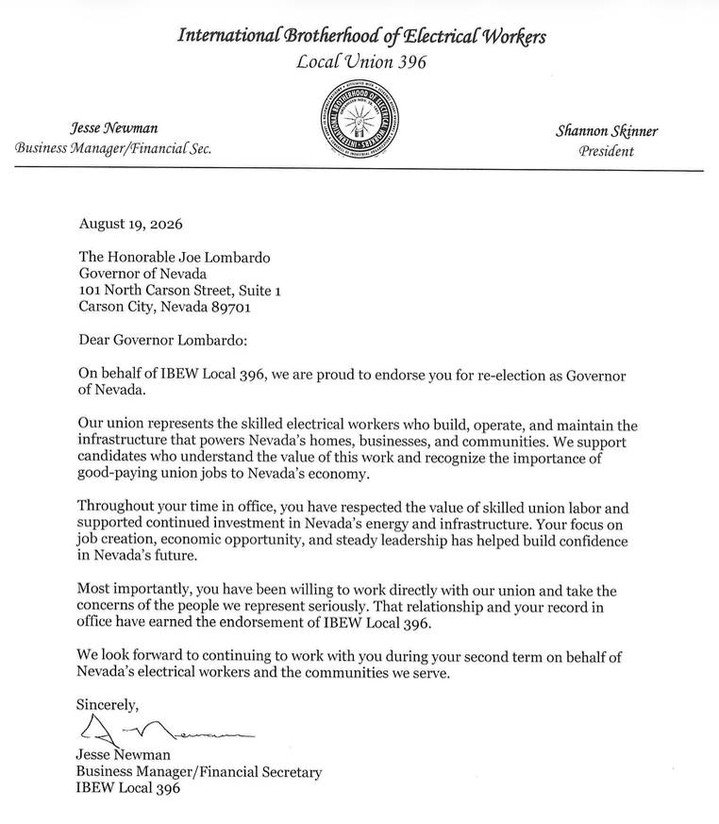 The International Brotherhood of Electrical Workers (IBEW) Local 396, one of Nevada&rsquo;s more prominent labor unions, announced their endorsement of Nevada Gov. Joe Lombardo (R) for reelection, citing his investments in energy and infrastructure, 