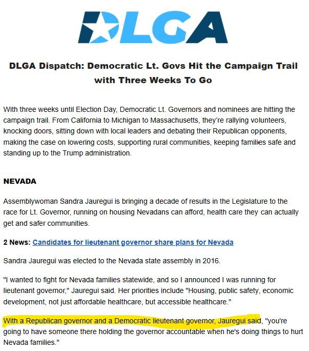 The Democratic Lieutenant Governors Association recently circulated an email quoting Nevada candidate Sandra Jauregui, who said that with a Republican governor and Democratic lieutenant governor, &ldquo;you&rsquo;re going to have someone there holdin
