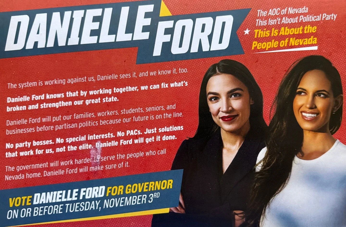 Danielle Ford, the third candidate in Nevada&rsquo;s governor&rsquo;s race, is being promoted as the &ldquo;AOC of Nevada&rdquo; in a new mailer campaign. Her campaign website highlights a focus on &ldquo;systems repair,&rdquo; education, affordabili