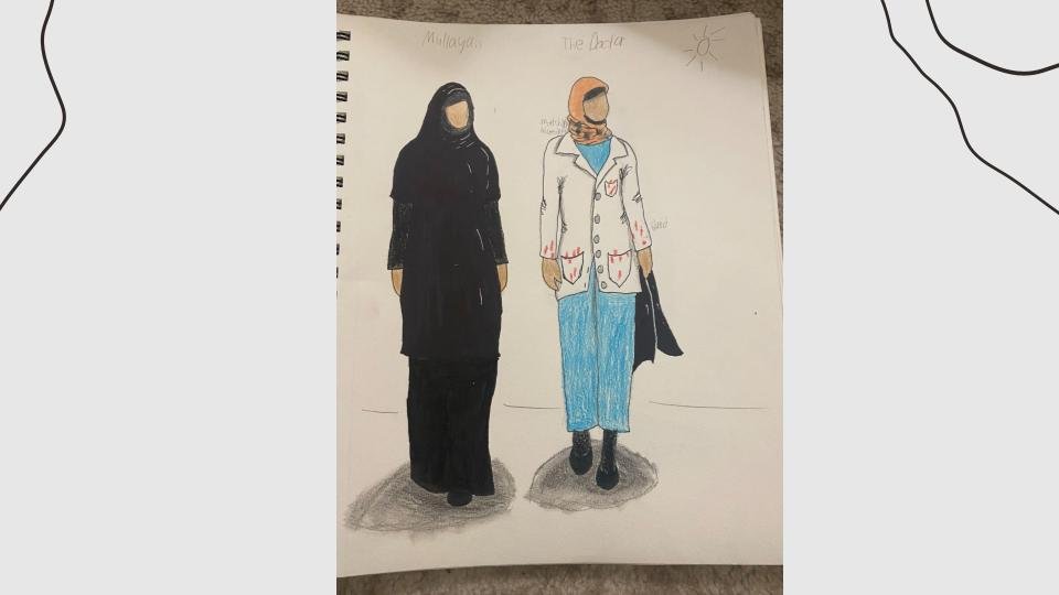 Mullaya and The Doctor are designed to be played by the same actor. Mullaya wears the abaya traditionally. The Doctor holds the abaya.