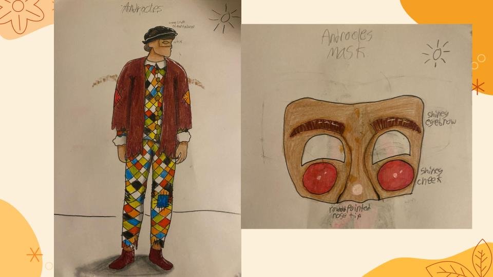 Androcles wears the traditional harlequin multi-colored diamond pattern under a tattered coat and hat. His mask has bright round cheeks and appears cheerful.