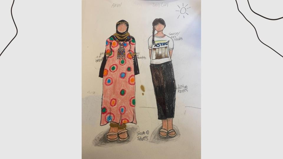 Amal and The Iraqi Girl are designed to be played by the same actor. Amal wears the abaya as a headscarf. The Iraqi Girl holds the abaya like a baby swaddle.