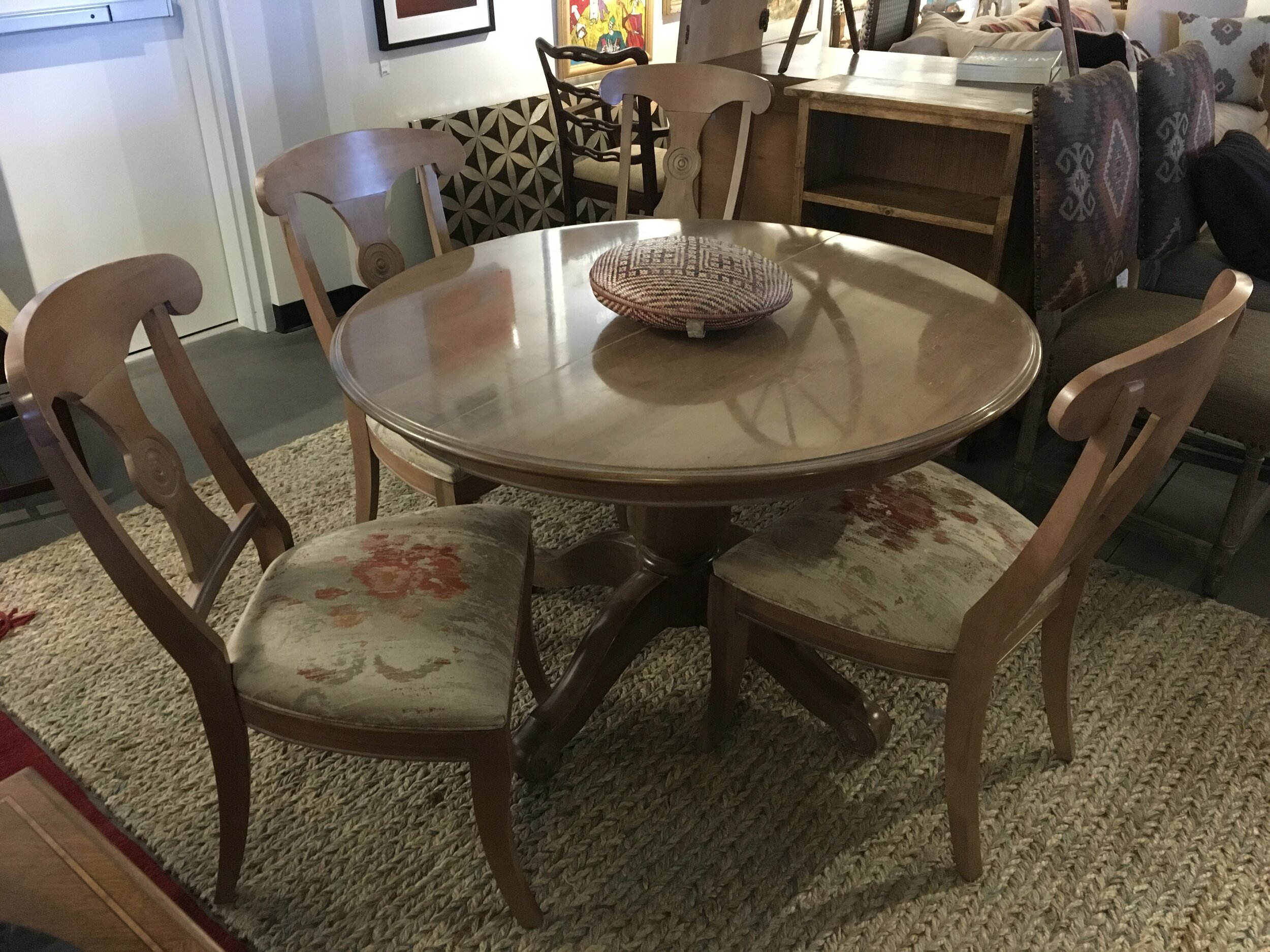 Ethan Allen light wood dining table with leaf and 4 upholstered chairs, AS IS Table dimensions: 48” diameter $450 (10% markdown every 30 days from 3/2/2020, up to 30% off) C#2099-5